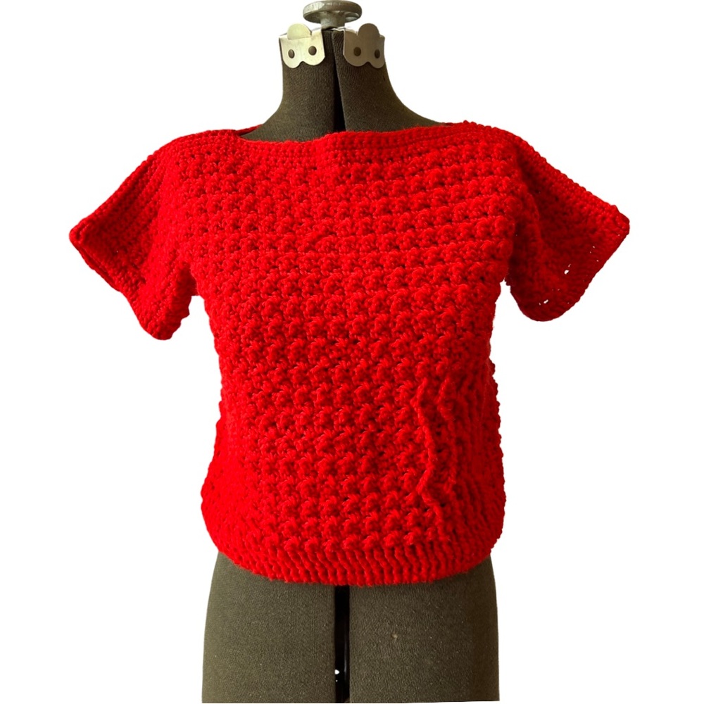 Handmade Red Crochet Knit Sweater, Fiery Red Sweater